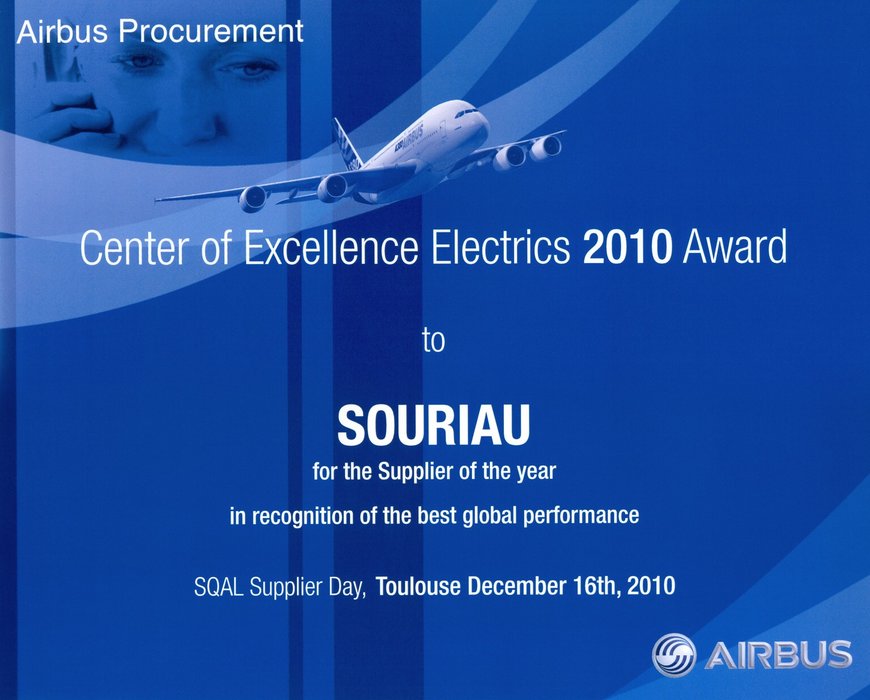 SOURIAU gewinnt zum vierten Mal den „AIRBUS´s best Supplier Award“ für elektrische Standard-Bauteile